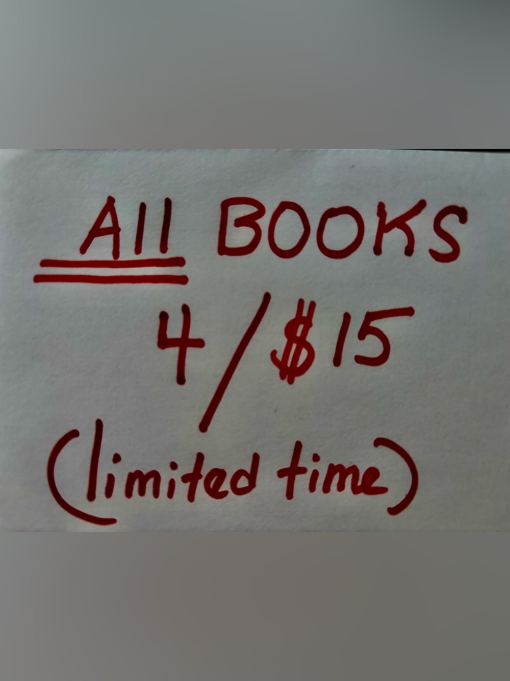 All BOOKS 4/ $15
for a limited time! 
Enjoy 💕